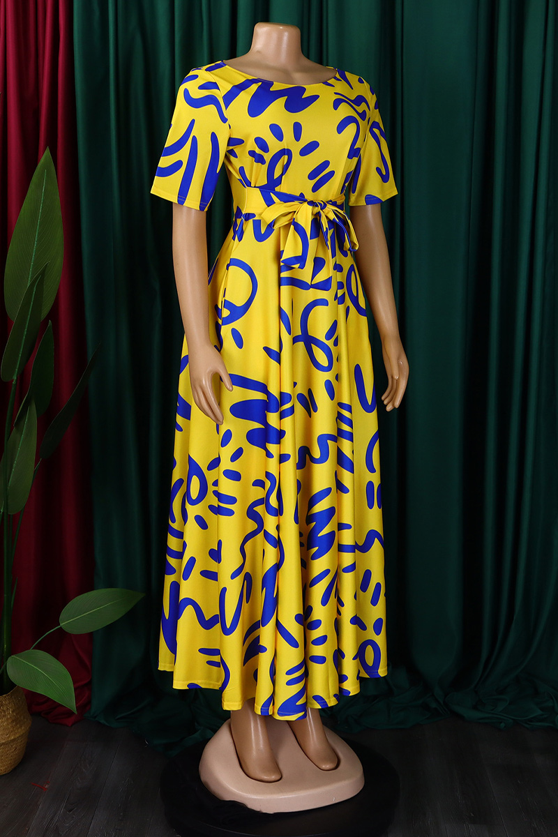 Women's Fashionable Temperament Lace Up Printed Short Sleeved Big Swing Dress