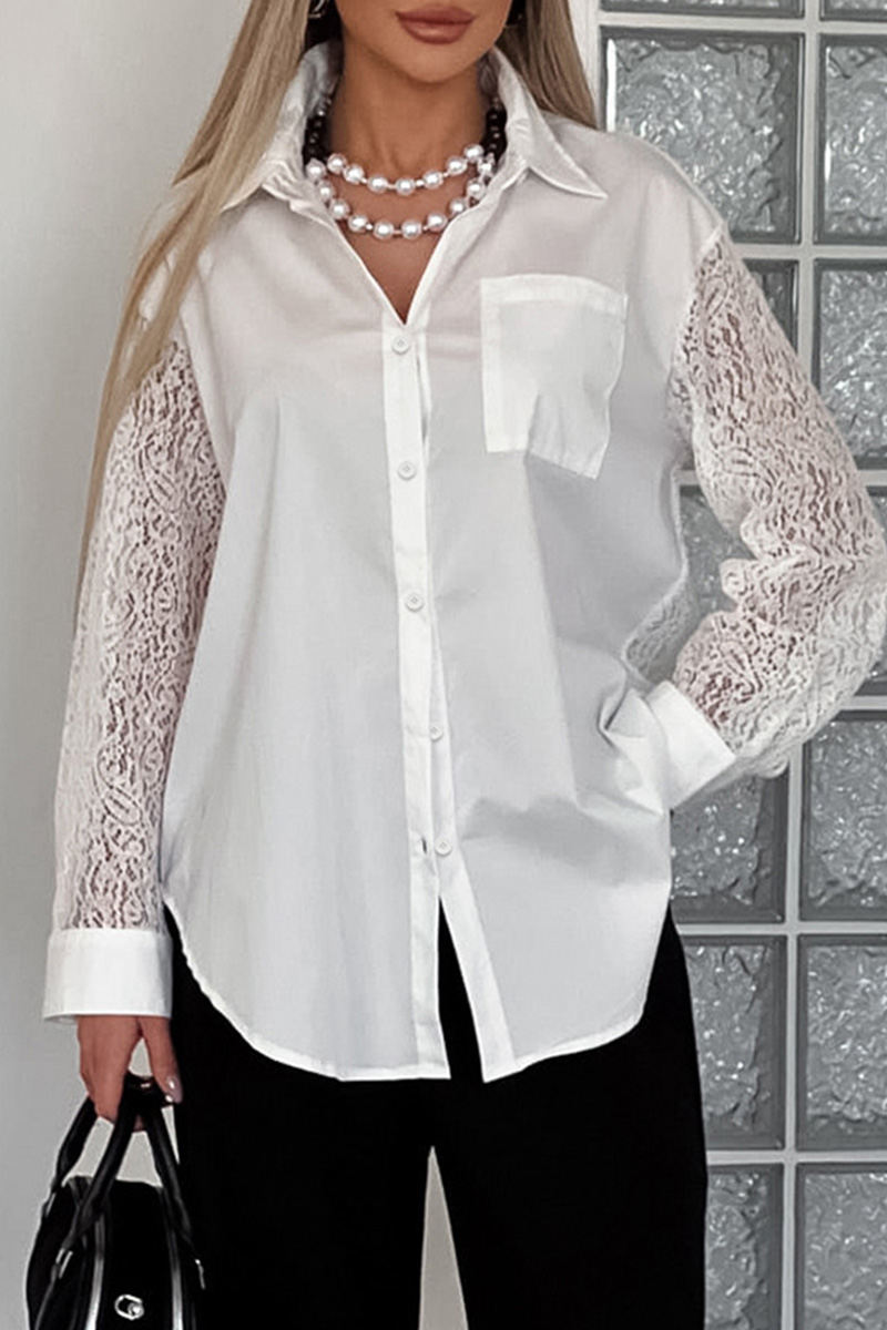 Ladies Elegant Contrast Lace Trim Blouse