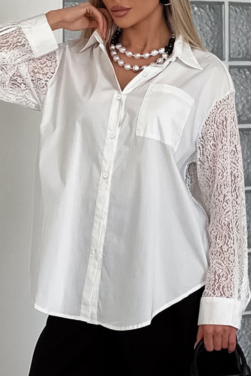 Ladies Elegant Contrast Lace Trim Blouse