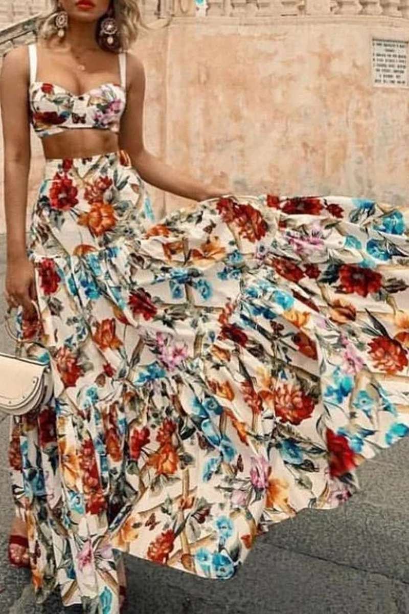 Women's Printed Lotus Leaf Bohemian Style Long Skirt