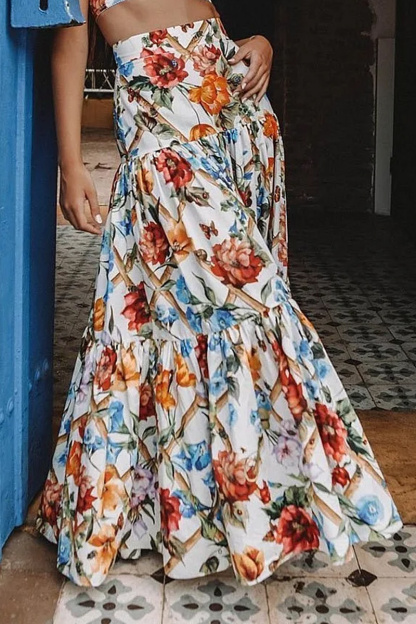 Women's Printed Lotus Leaf Bohemian Style Long Skirt