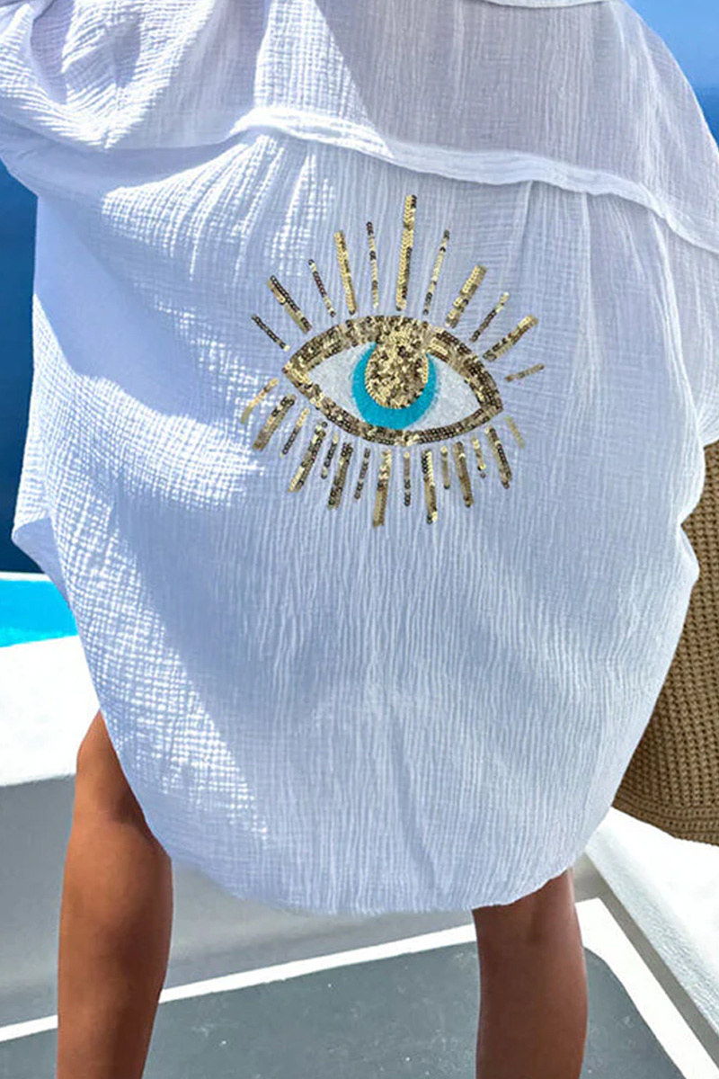 Women's Spring And Summer Breeze Linen Blended Sequin Magic Eye Design Loose Casual Shirt