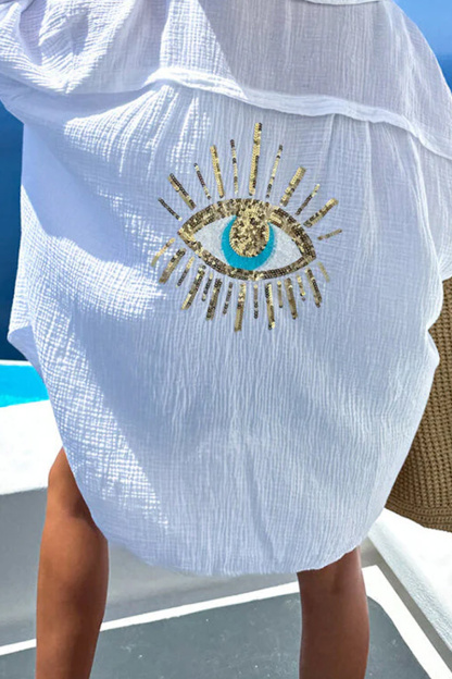 Women's Spring And Summer Breeze Linen Blended Sequin Magic Eye Design Loose Casual Shirt