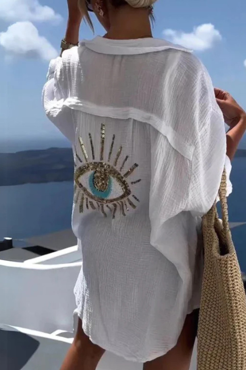Women's Spring And Summer Breeze Linen Blended Sequin Magic Eye Design Loose Casual Shirt