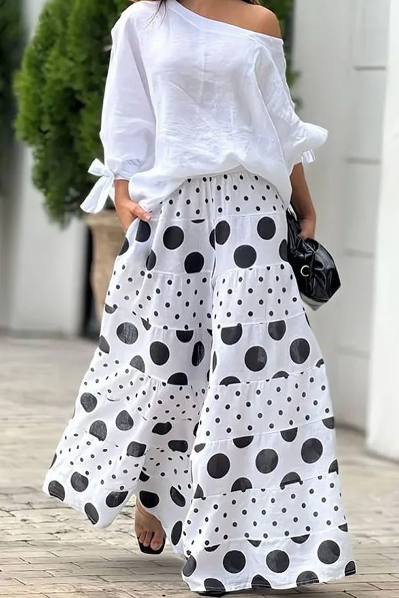 Women's Fashionable Polka Dot Printed Pocket Wide Leg Pants