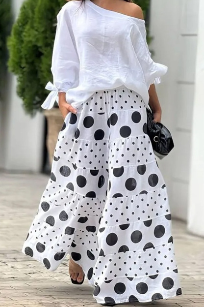 Women's Fashionable Polka Dot Printed Pocket Wide Leg Pants