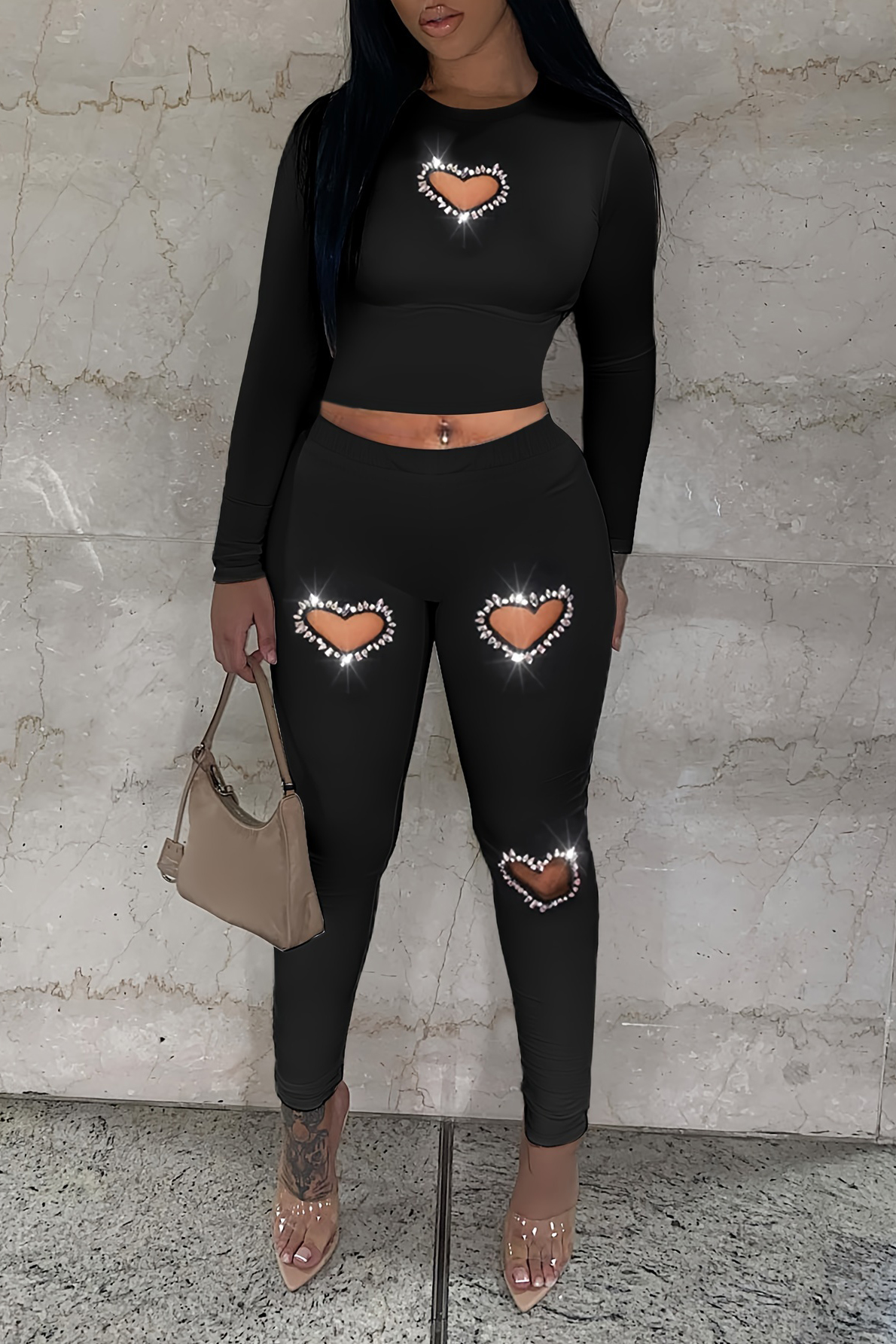 Women's Casual Heart Shaped Cutout Rhinestone Top +Heart Shaped Rhinestone Embellished Pants Set