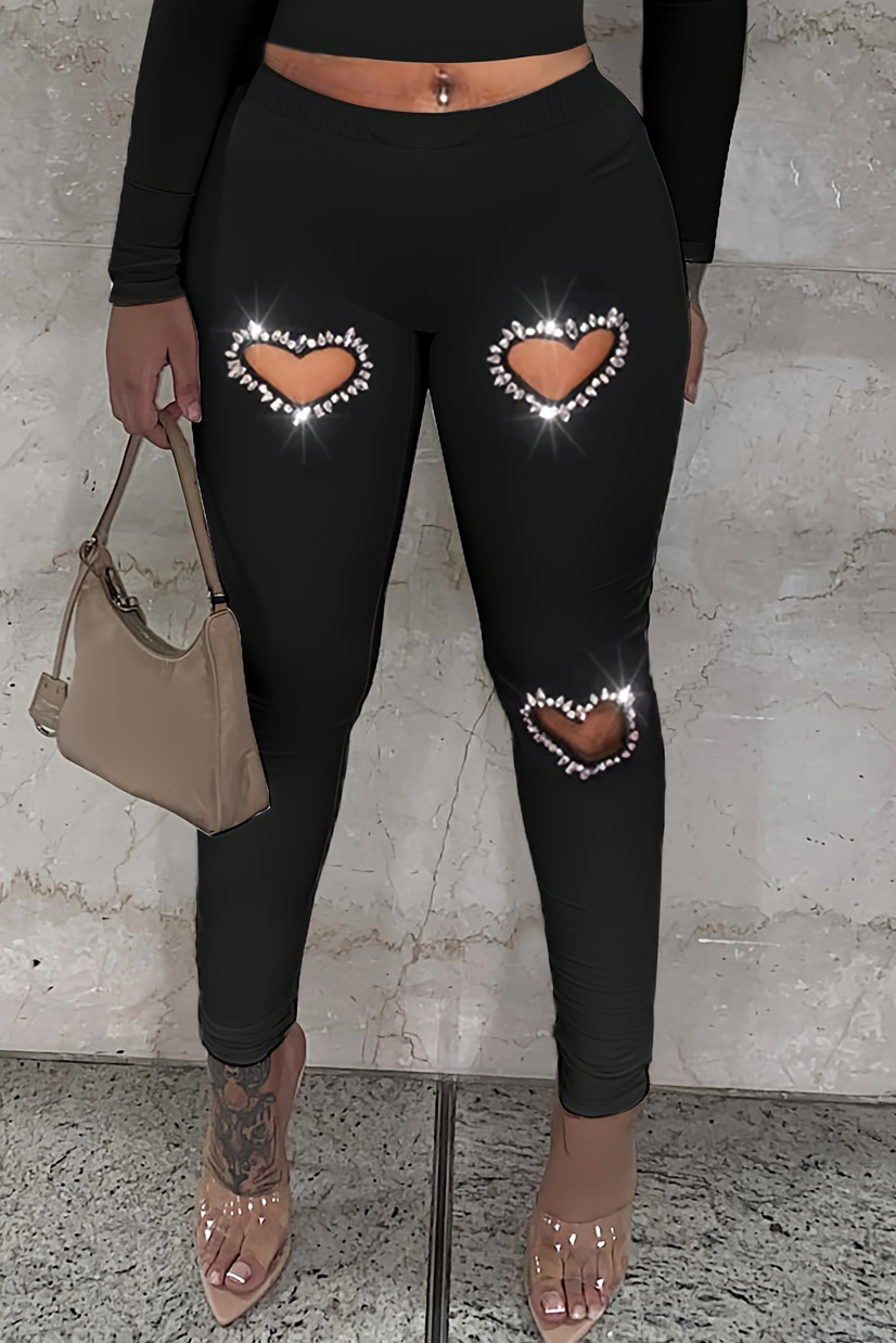 Women's Casual Heart Shaped Cutout Rhinestone Top +Heart Shaped Rhinestone Embellished Pants Set