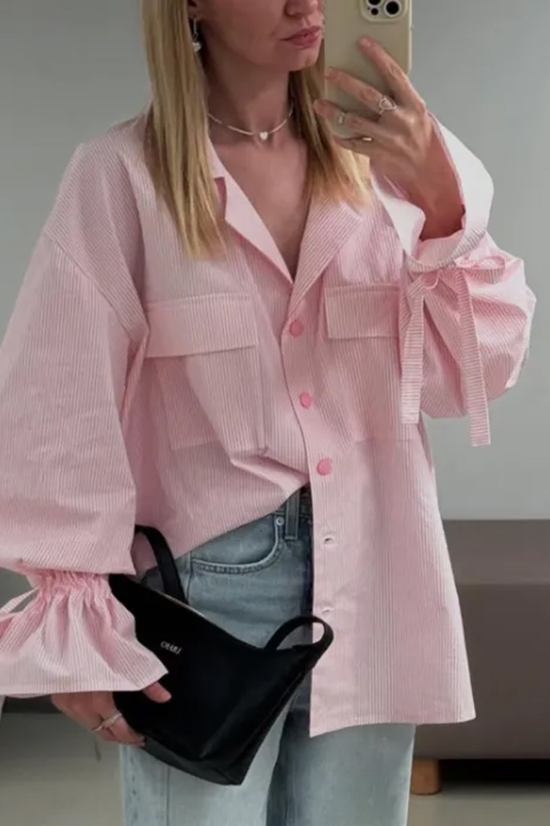 Women's Elegant Striped Loose Fitting Women's Shirt, Fashionable And Versatile, Suitable For Autumn And Winter Seasons, Long Flared Sleeves, Lapel Button Pocket Design, Showing Off Temperament, Street Style