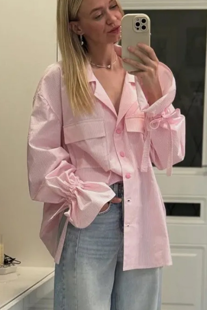 Women's Elegant Striped Loose Fitting Women's Shirt, Fashionable And Versatile, Suitable For Autumn And Winter Seasons, Long Flared Sleeves, Lapel Button Pocket Design, Showing Off Temperament, Street Style