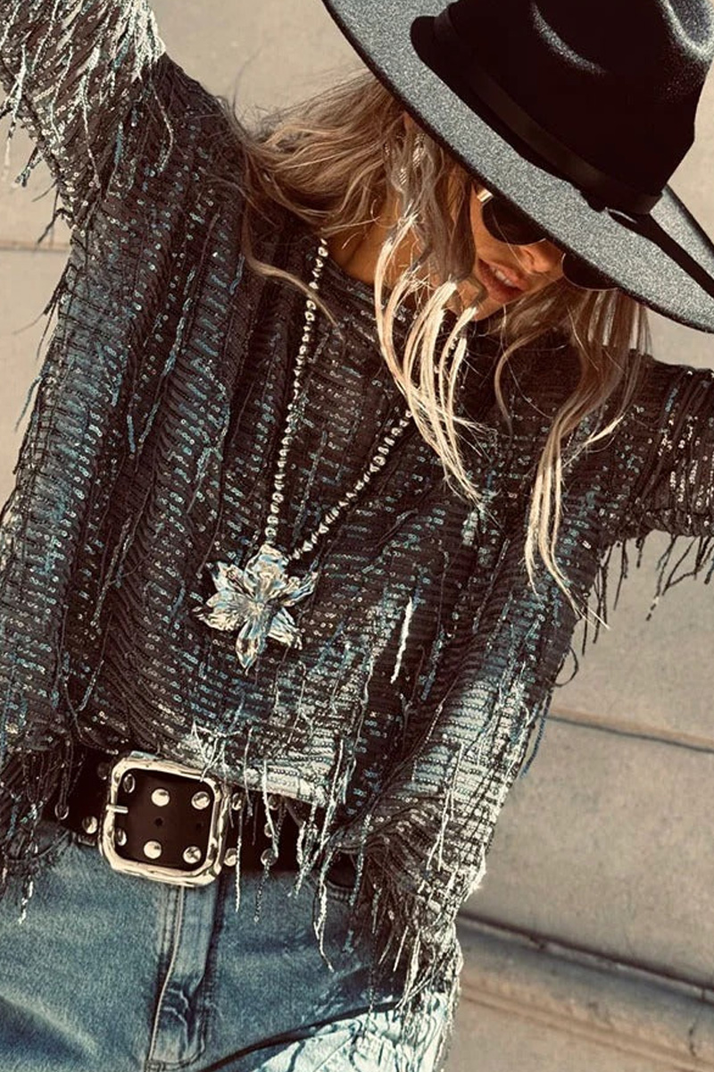 Women's Beaded Tassel Long Sleeve Round Neck Loose Fit Fashion Top