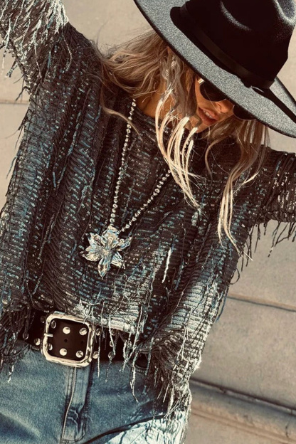 Women's Beaded Tassel Long Sleeve Round Neck Loose Fit Fashion Top