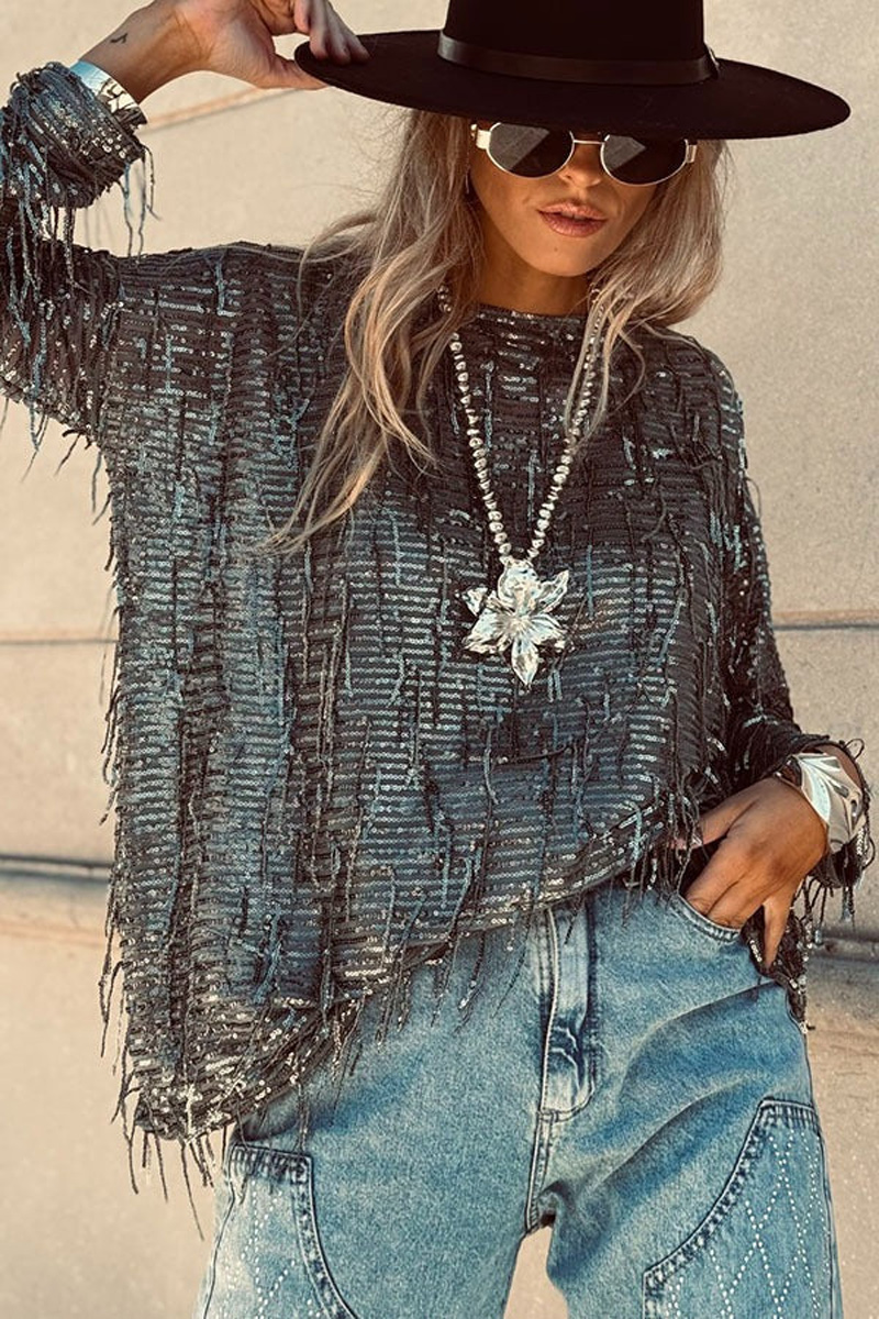 Women's Beaded Tassel Long Sleeve Round Neck Loose Fit Fashion Top