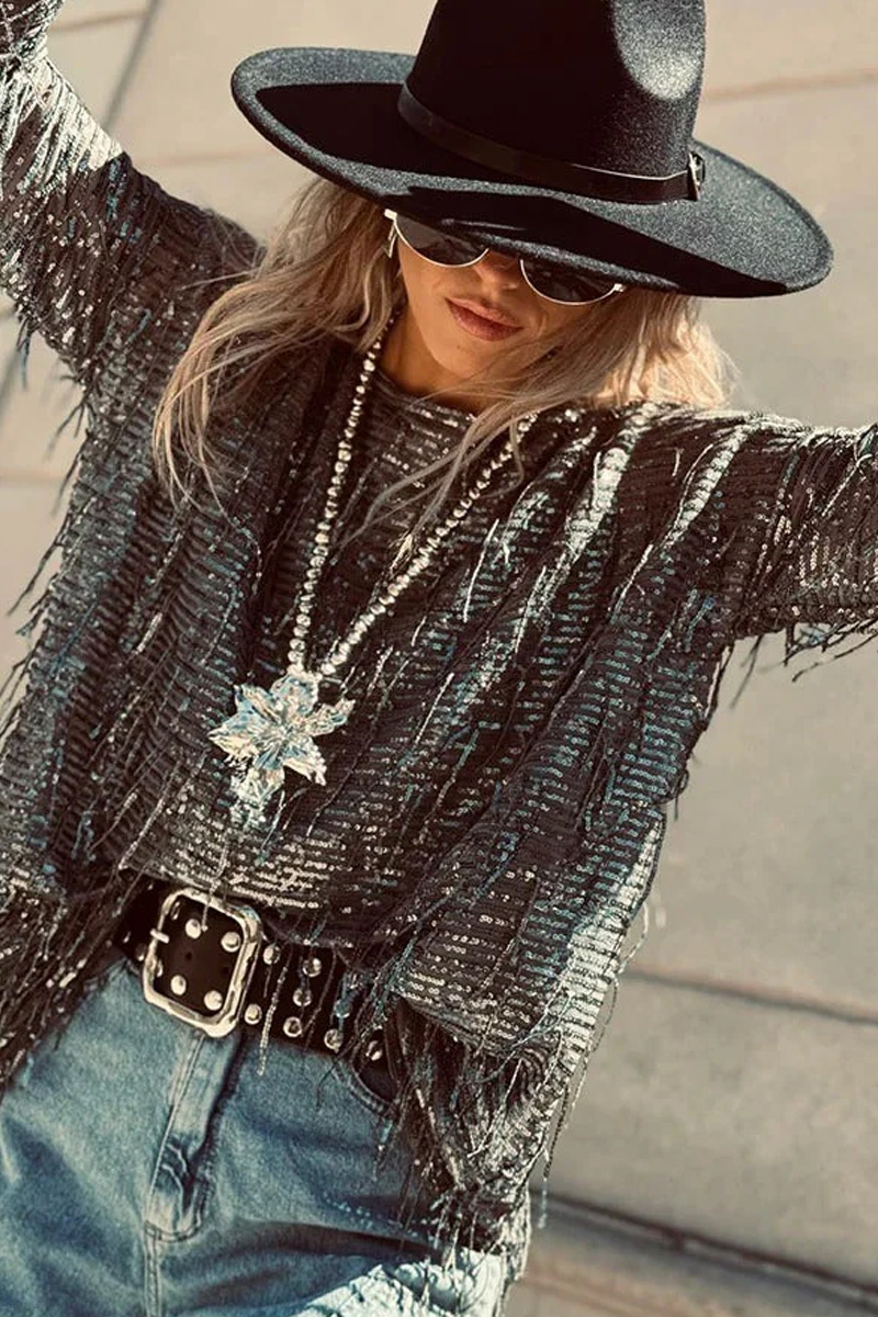 Women's Beaded Tassel Long Sleeve Round Neck Loose Fit Fashion Top