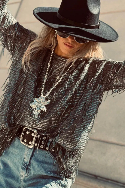 Women's Beaded Tassel Long Sleeve Round Neck Loose Fit Fashion Top