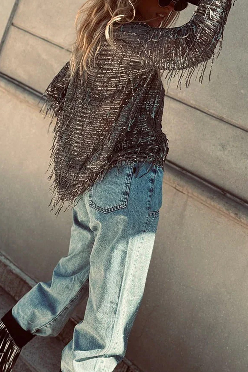 Women's Beaded Tassel Long Sleeve Round Neck Loose Fit Fashion Top