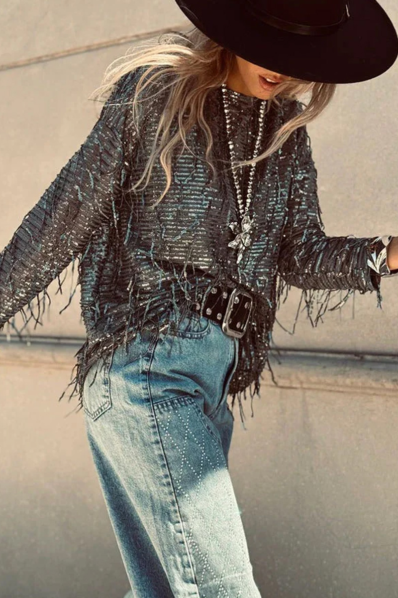 Women's Beaded Tassel Long Sleeve Round Neck Loose Fit Fashion Top