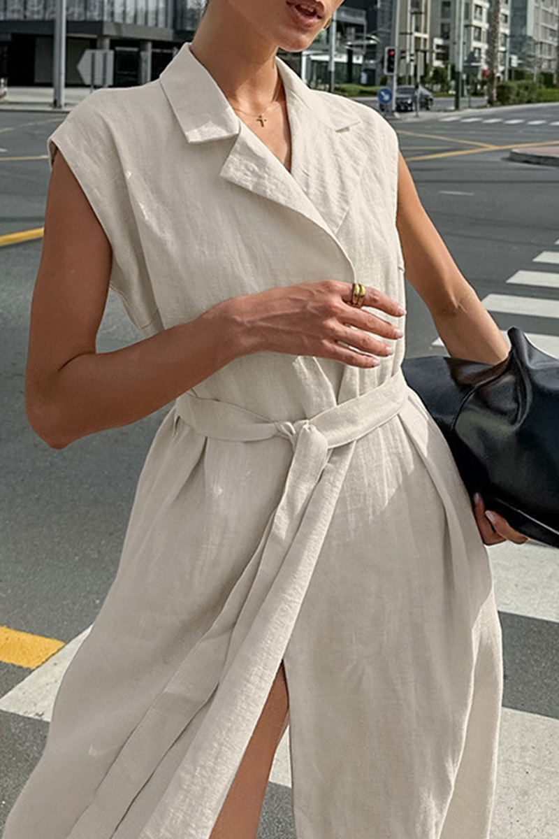 Elegant Belted Shirt Style Maxi Dress