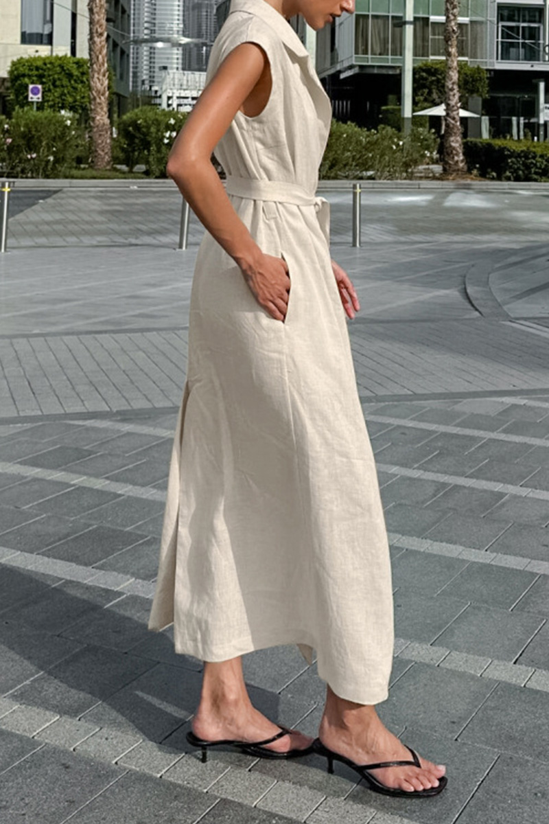 Elegant Belted Shirt Style Maxi Dress