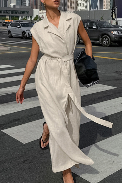 Elegant Belted Shirt Style Maxi Dress