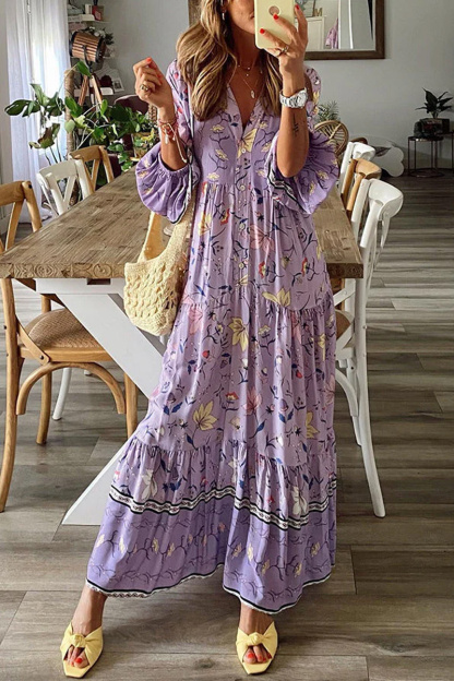 Women's Lavender Printed Long Sleeved Button A-Line Dress