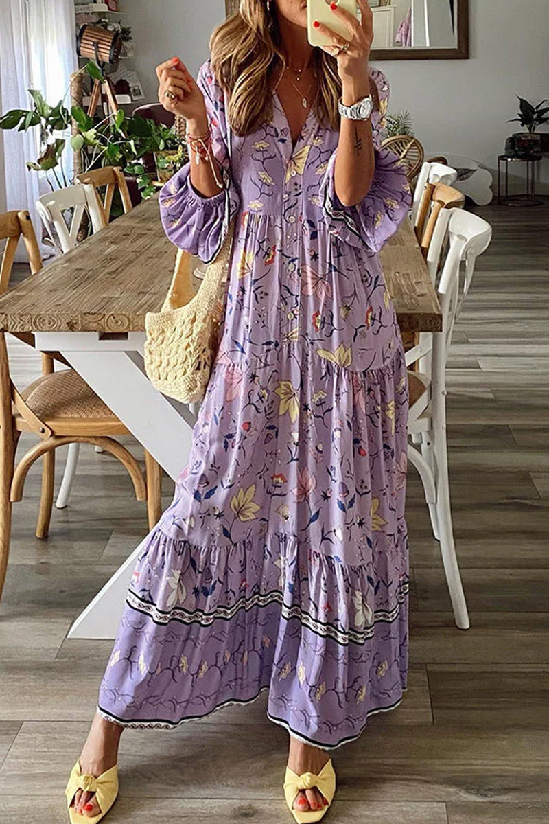 Women's Lavender Printed Long Sleeved Button A-Line Dress
