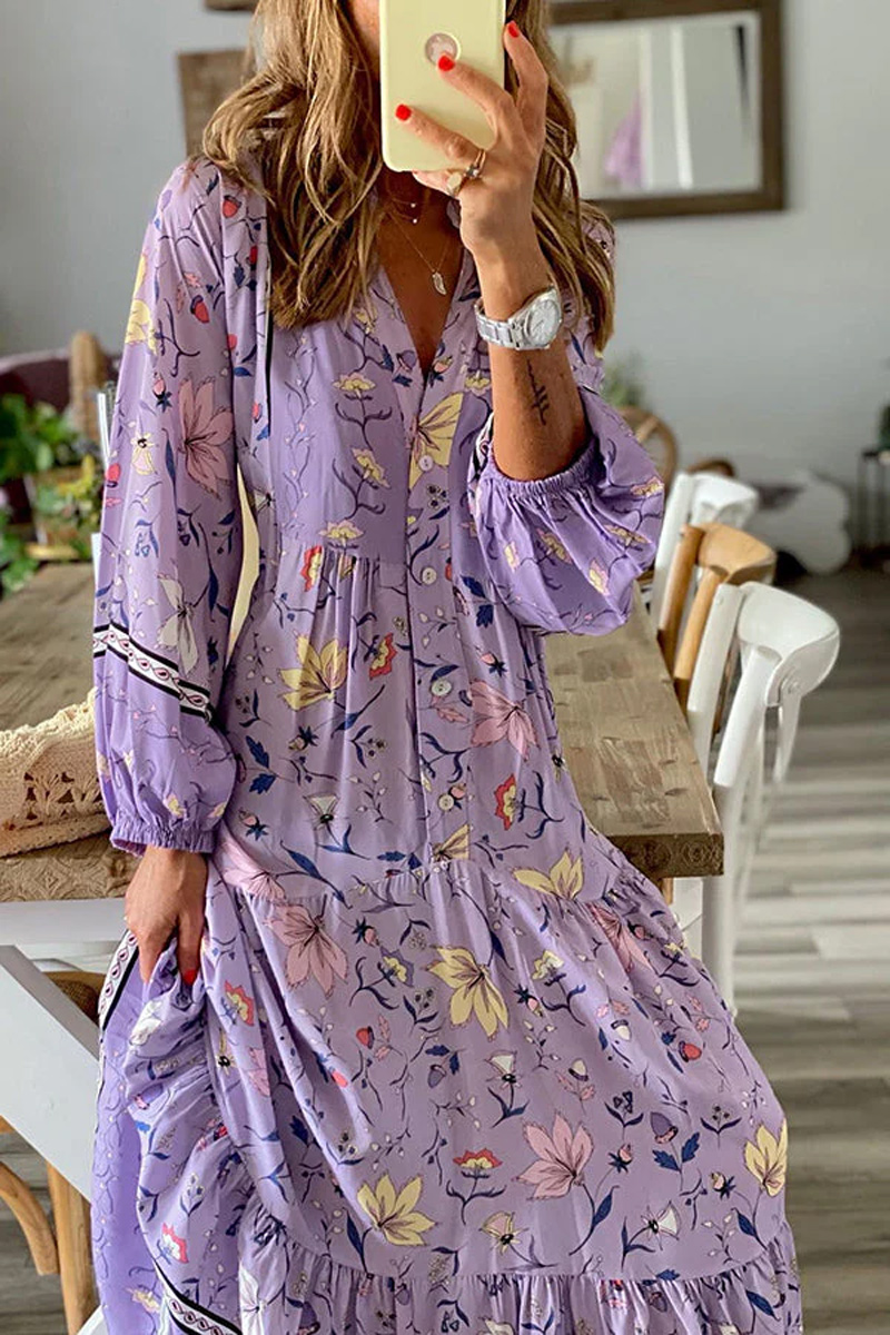 Women's Lavender Printed Long Sleeved Button A-Line Dress