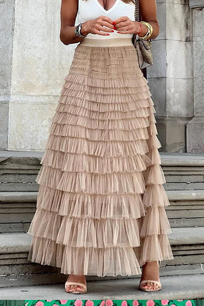 Women's Casual Multi-Layer Elastic Waist Sheer Long Skirt