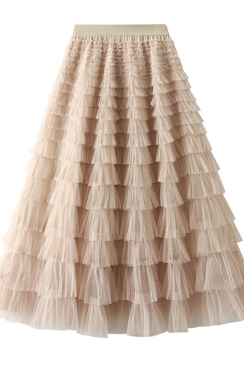 Women's Casual Multi-Layer Elastic Waist Sheer Long Skirt