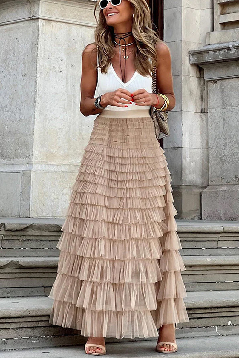 Women's Casual Multi-Layer Elastic Waist Sheer Long Skirt