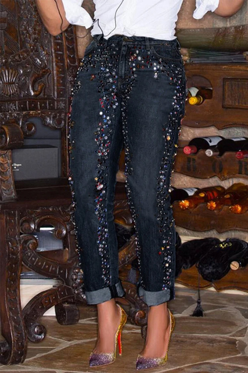 Women's daily  Rhinestones casual perforated pocket denim jeans