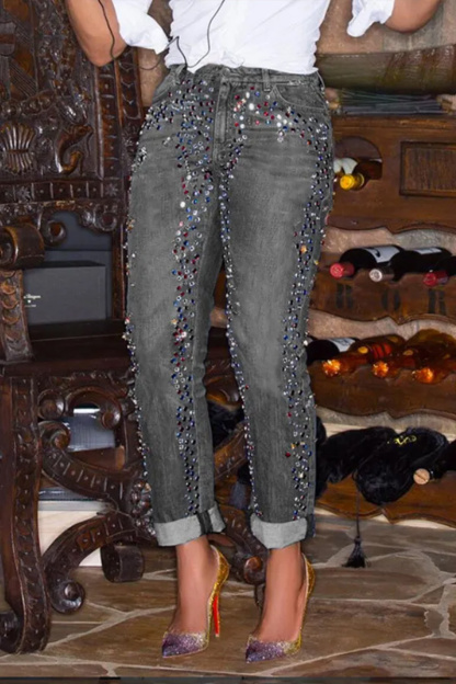Women's daily  Rhinestones casual perforated pocket denim jeans