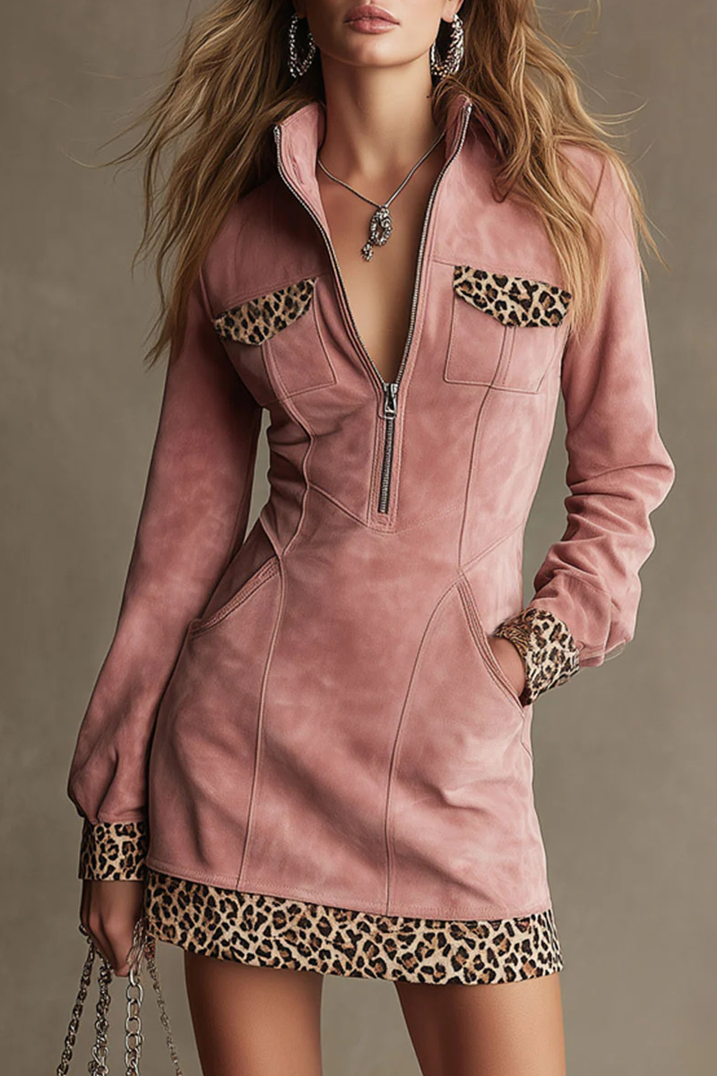 Women's Fashionable Western Retro Long Sleeved Leopard Print Pink Suede Mini Dress