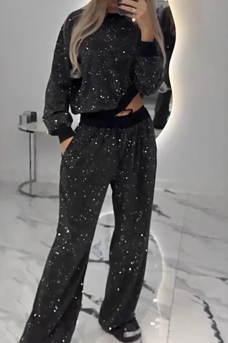 Ladies' Casual  Starry Sky Long Sleeved Round Neck Rhinestone Loose Top And Rhinestone Drawstring Wide Leg Pants