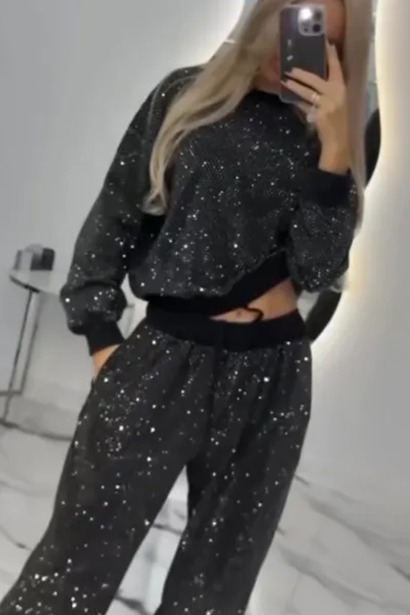 Ladies' Casual  Starry Sky Long Sleeved Round Neck Rhinestone Loose Top And Rhinestone Drawstring Wide Leg Pants