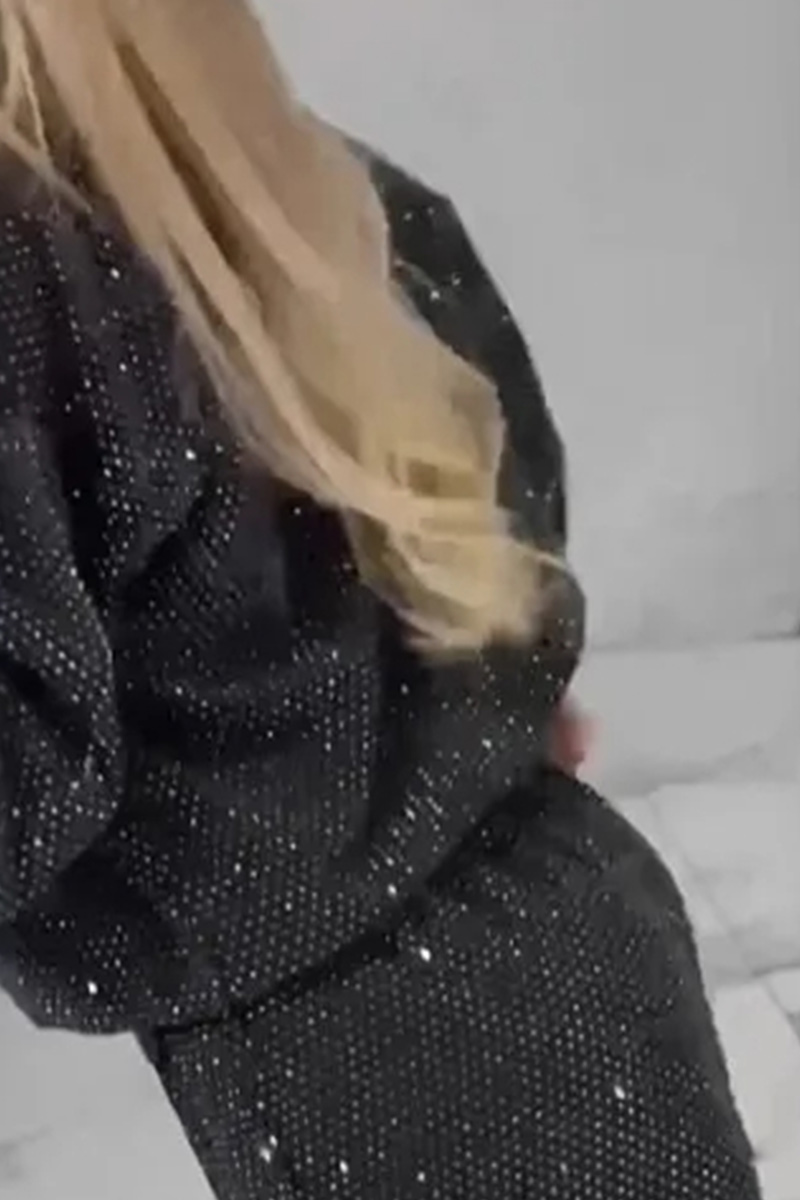 Ladies' Casual  Starry Sky Long Sleeved Round Neck Rhinestone Loose Top And Rhinestone Drawstring Wide Leg Pants