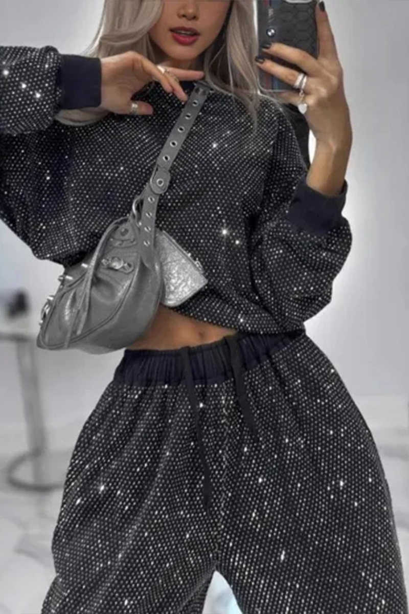 Ladies' Casual  Starry Sky Long Sleeved Round Neck Rhinestone Loose Top And Rhinestone Drawstring Wide Leg Pants