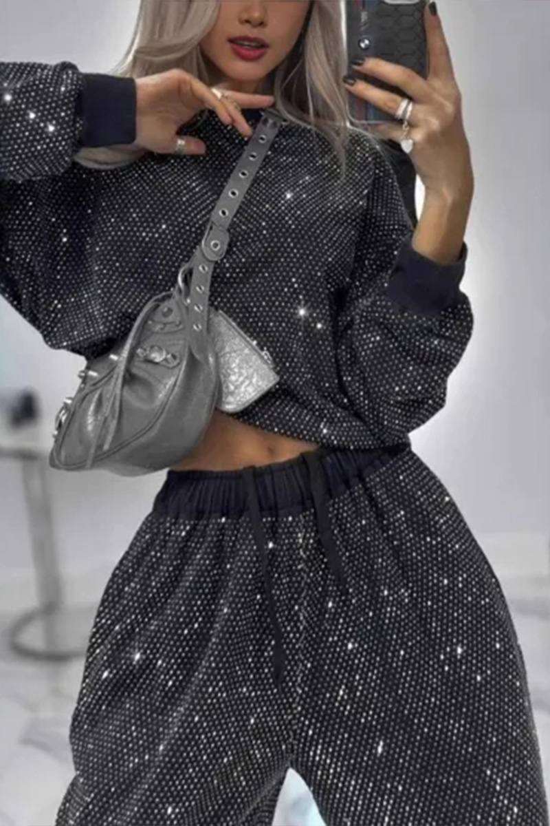 Ladies' Casual Starry Sky Long Sleeved Round Neck Rhinestone Loose Top And Rhinestone Drawstring Wide Leg Pants