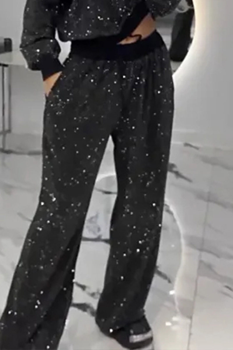 Ladies' Casual  Starry Sky Long Sleeved Round Neck Rhinestone Loose Top And Rhinestone Drawstring Wide Leg Pants