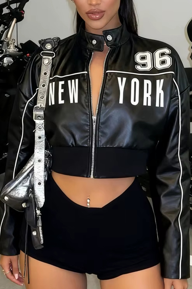 Women's Letter Printed Patchwork Uniform Trend Zipper Sports Street College Style Casual Autumn Short Jacket