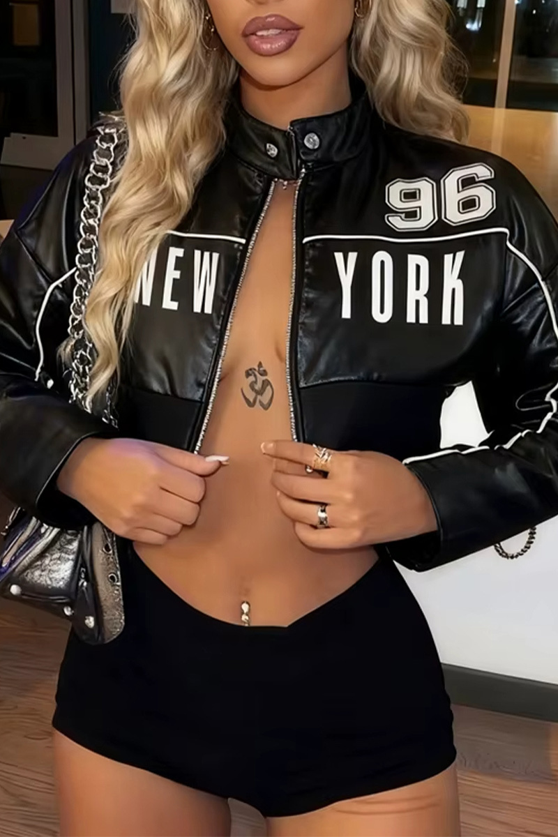 Women's Letter Printed Patchwork Uniform Trend Zipper Sports Street College Style Casual Autumn Short Jacket