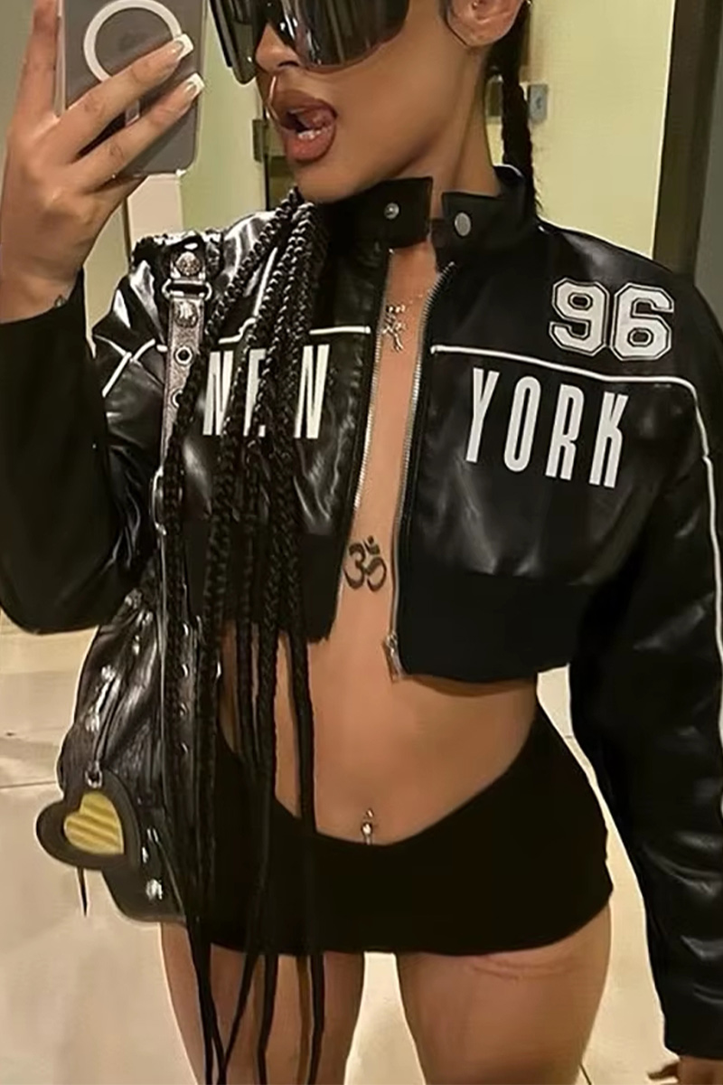 Women's Letter Printed Patchwork Uniform Trend Zipper Sports Street College Style Casual Autumn Short Jacket