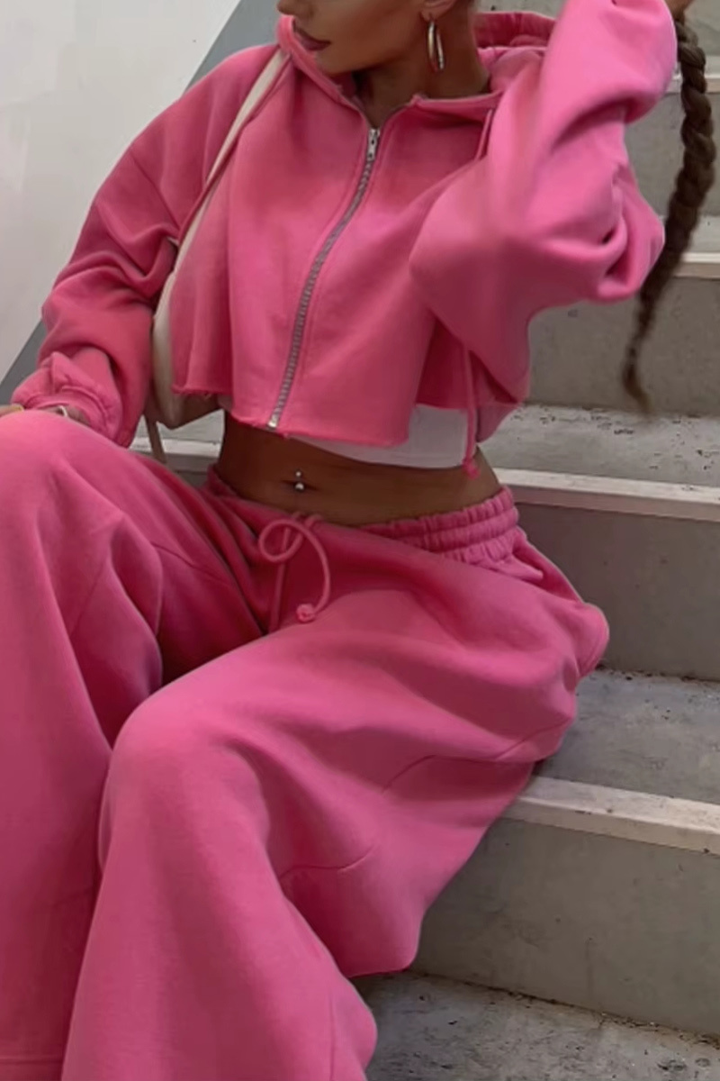 Women's Casual Hooded Zipper Short Hoodie And Casual Pants