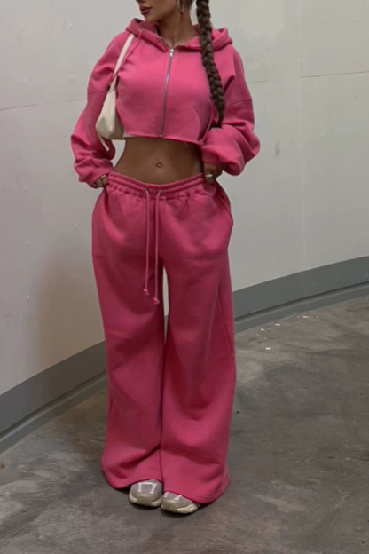 Women's Casual Hooded Zipper Short Hoodie And Casual Pants