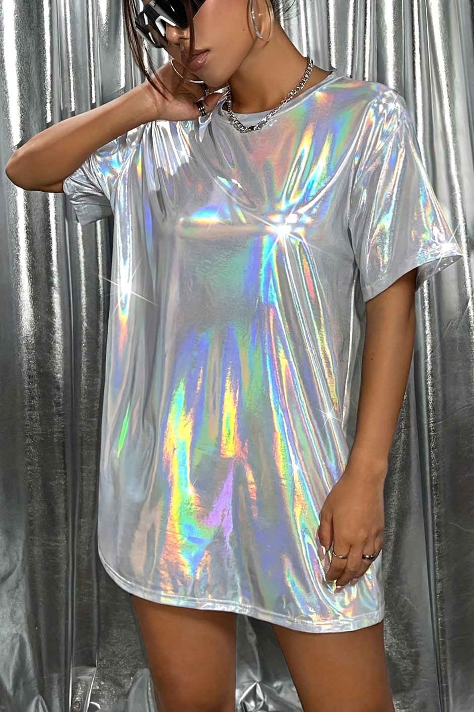 Women's Casual Loose Fitting Shiny T Shirt Dress
