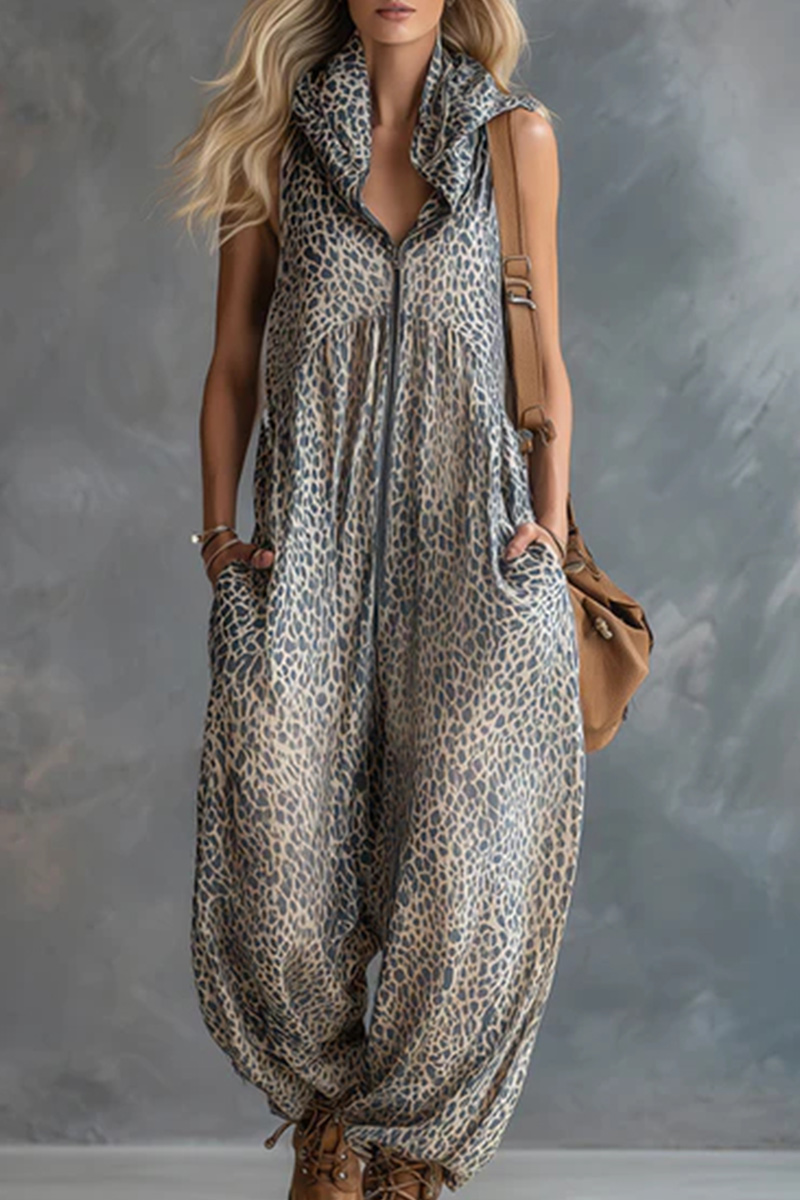 Women's Fashionable Urban Apricot Leopard Print Hooded Jumpsuit