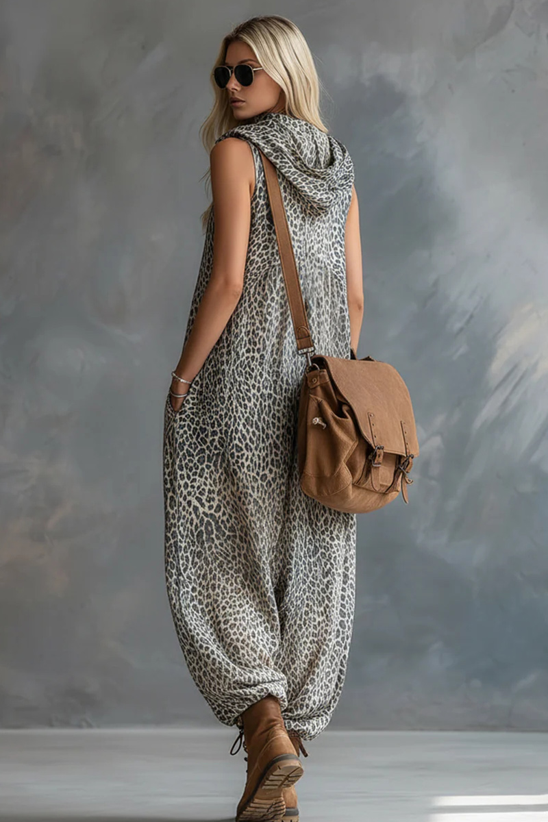 Women's Fashionable Urban Apricot Leopard Print Hooded Jumpsuit