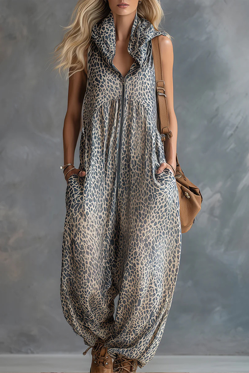 Women's Fashionable Urban Apricot Leopard Print Hooded Jumpsuit