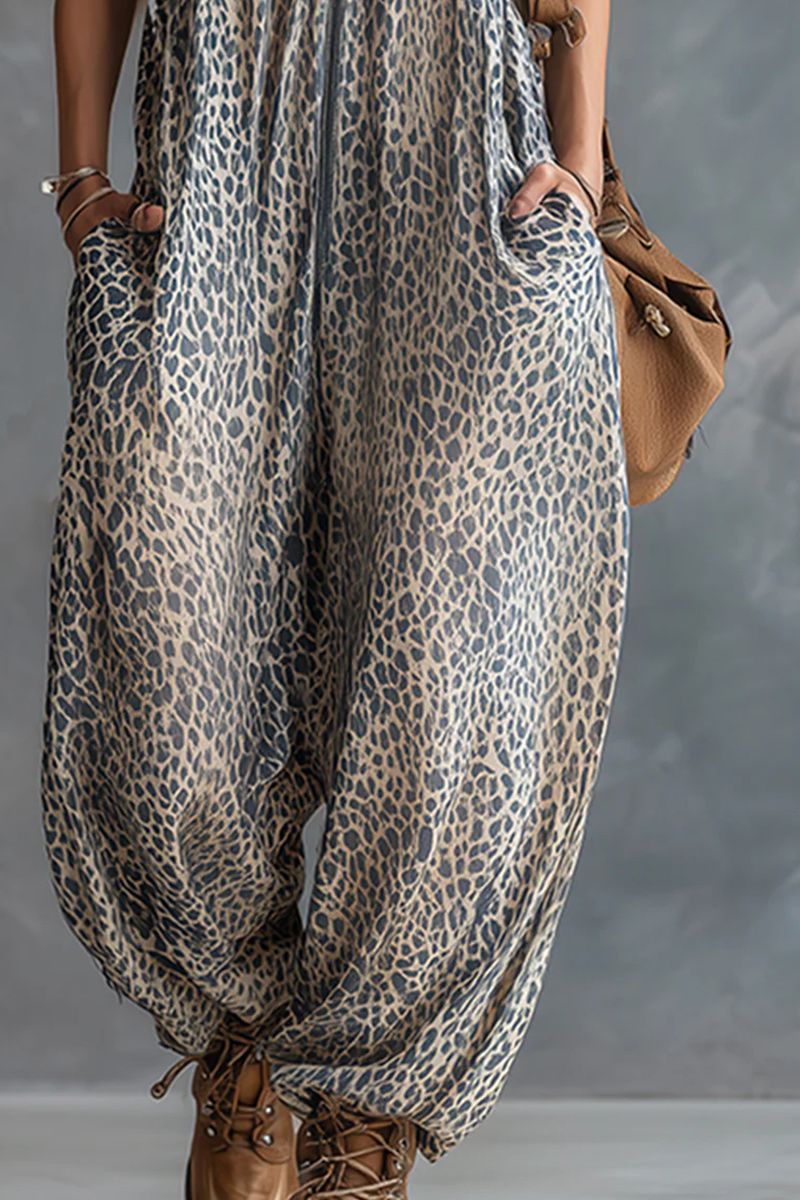 Women's Fashionable Urban Apricot Leopard Print Hooded Jumpsuit