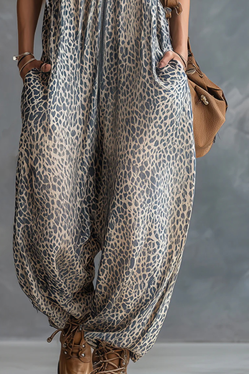 Women's Fashionable Urban Apricot Leopard Print Hooded Jumpsuit